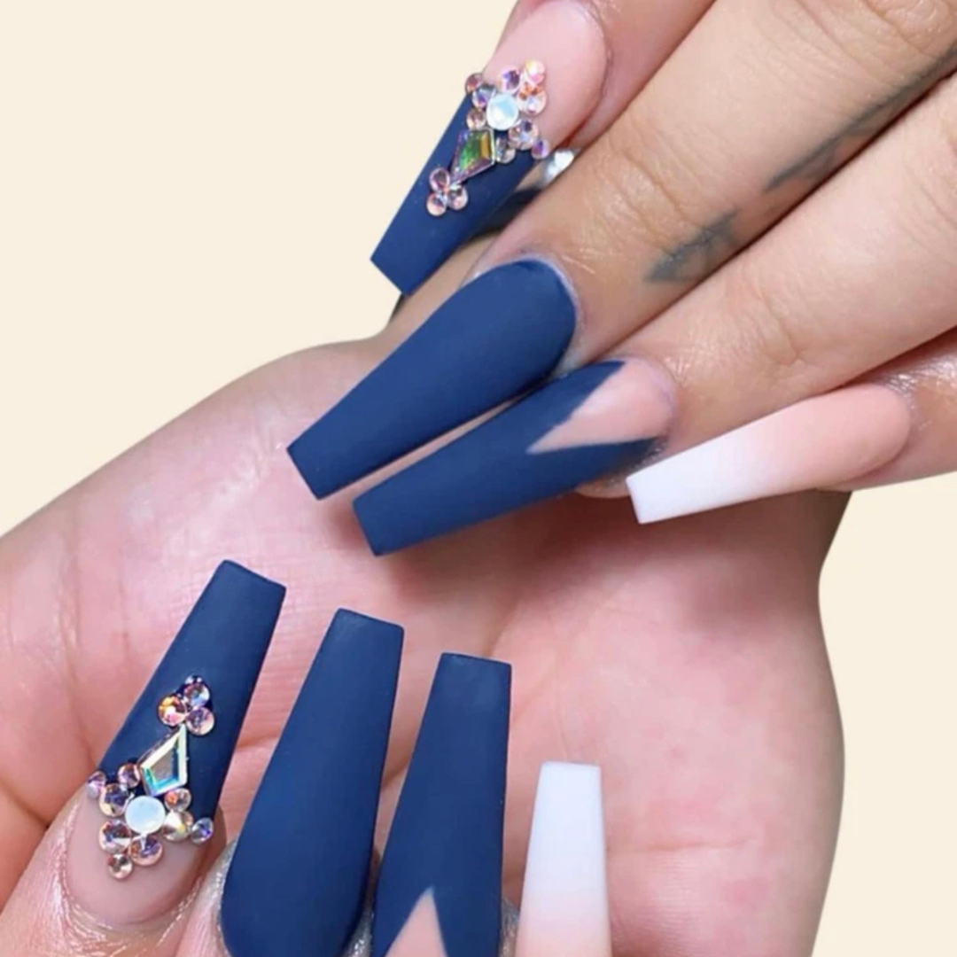 long coffin blue press on false nail set with airbrush ombre and big jewels on the accent nails