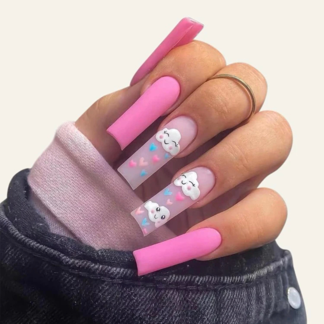 long coffin pink press on nails with an airbrush design of a happy cloud and hearts