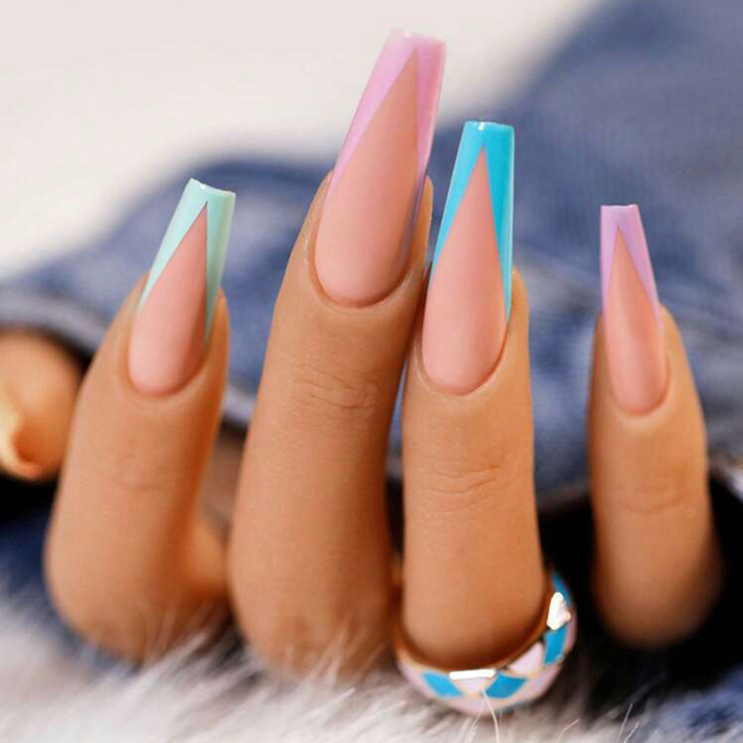 long coffin shaped press on nails with pastel coloured french tips
