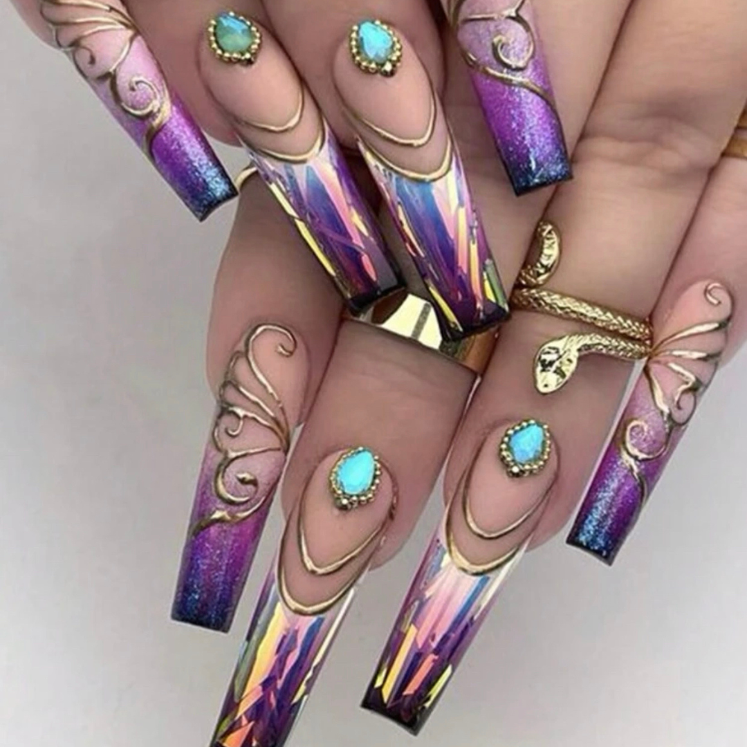 long coffin purple metallic press on nails with gold chrome accents