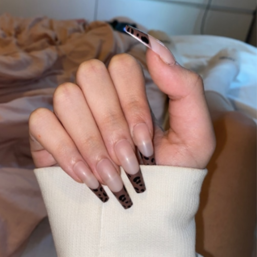 NUDE/BROWN LONG COFFIN CHEETAH FRENCH TIP