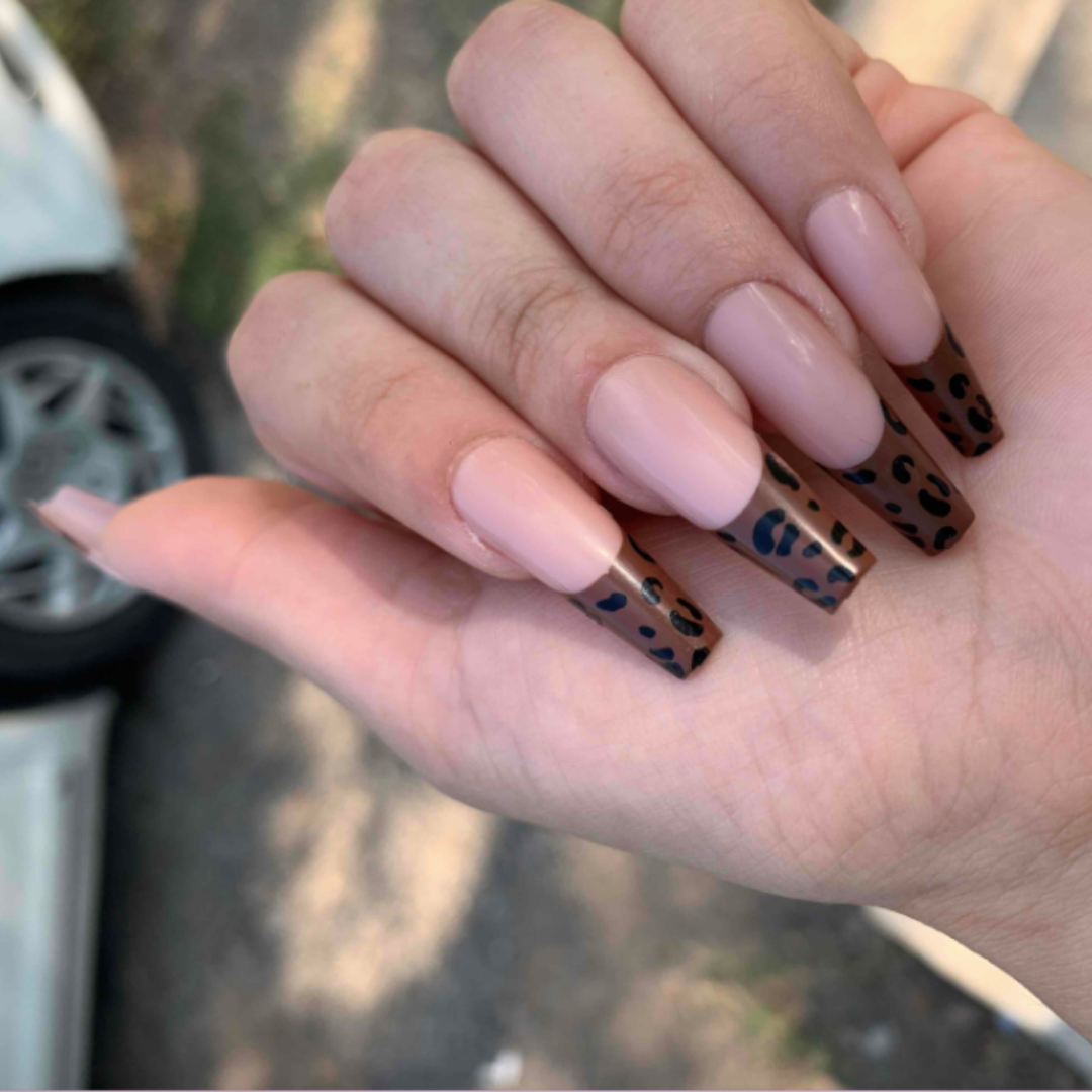 NUDE/BROWN LONG COFFIN CHEETAH FRENCH TIP